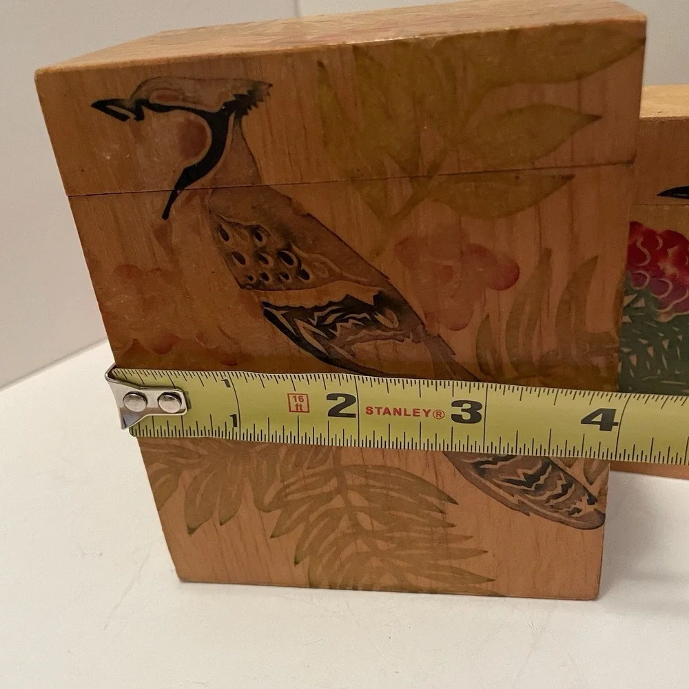 Vintage Chinese Wooden Nesting Boxes Set Of 3 Artist Sealed Bird & Floral Motif